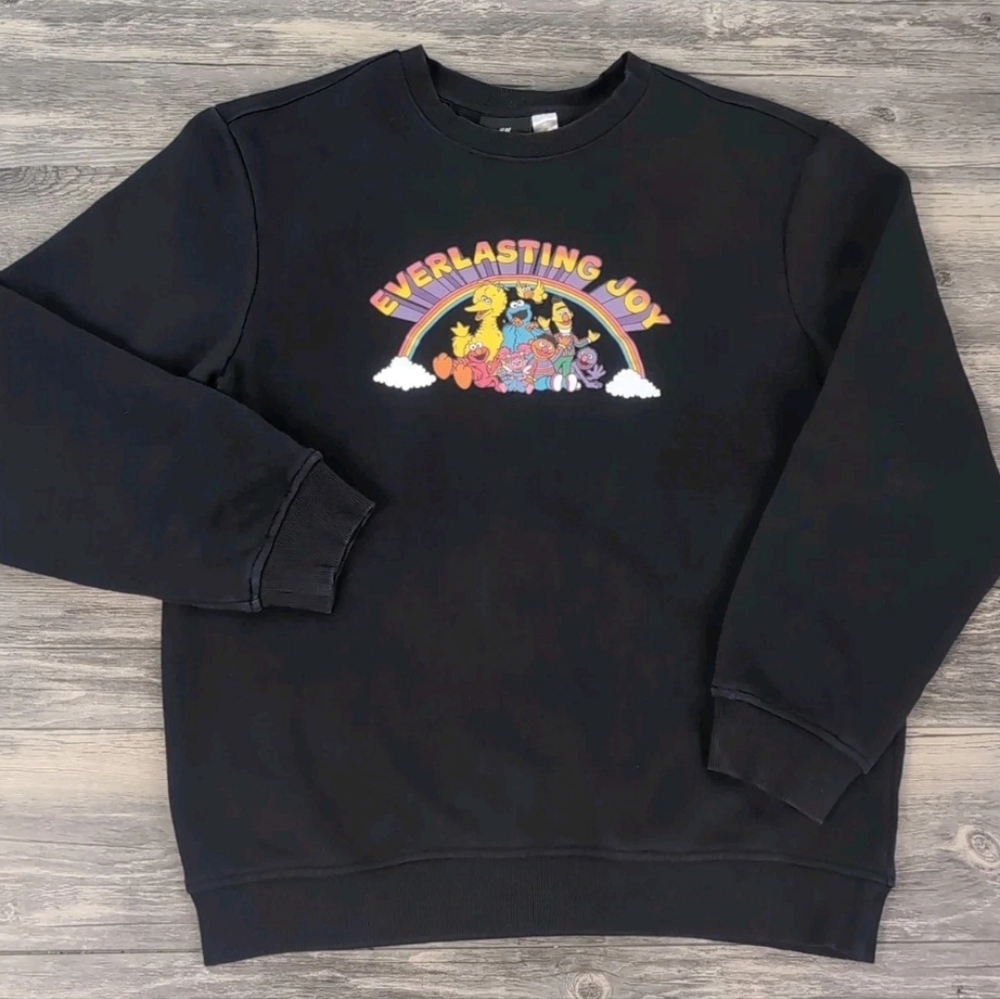 H&M Black Crewneck Sweater Vibrant Graphic Design